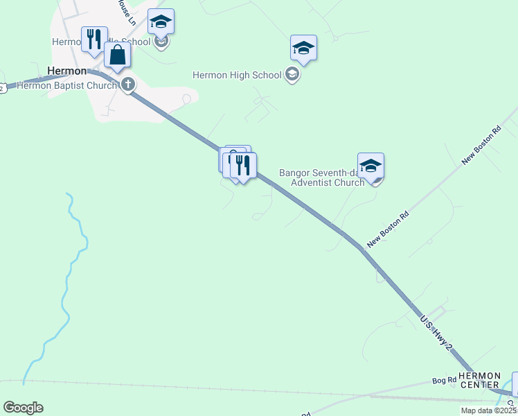 map of restaurants, bars, coffee shops, grocery stores, and more near 1 Towne Centre Drive in Hermon