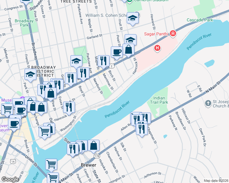 map of restaurants, bars, coffee shops, grocery stores, and more near 367 Hancock Street in Bangor