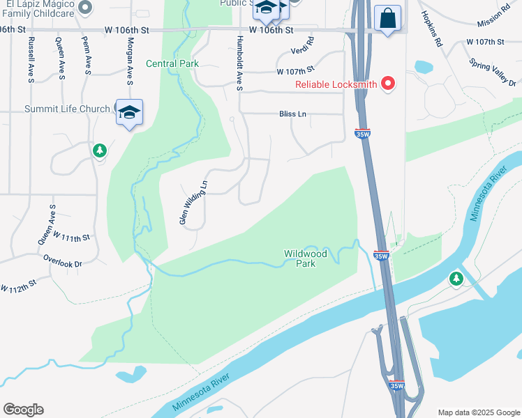 map of restaurants, bars, coffee shops, grocery stores, and more near 11101 Humboldt Avenue South in Bloomington