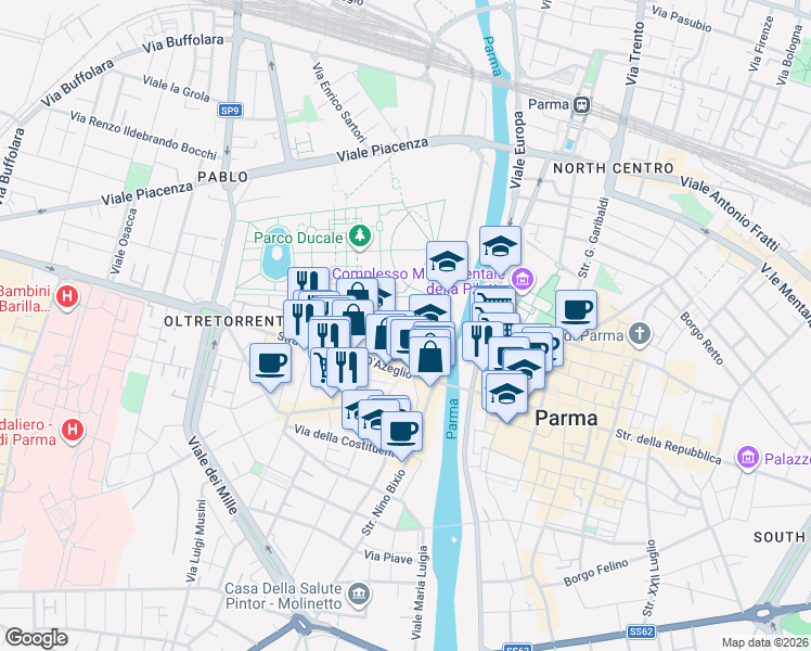 map of restaurants, bars, coffee shops, grocery stores, and more near 3-13 Borgo Bosazza in Parma