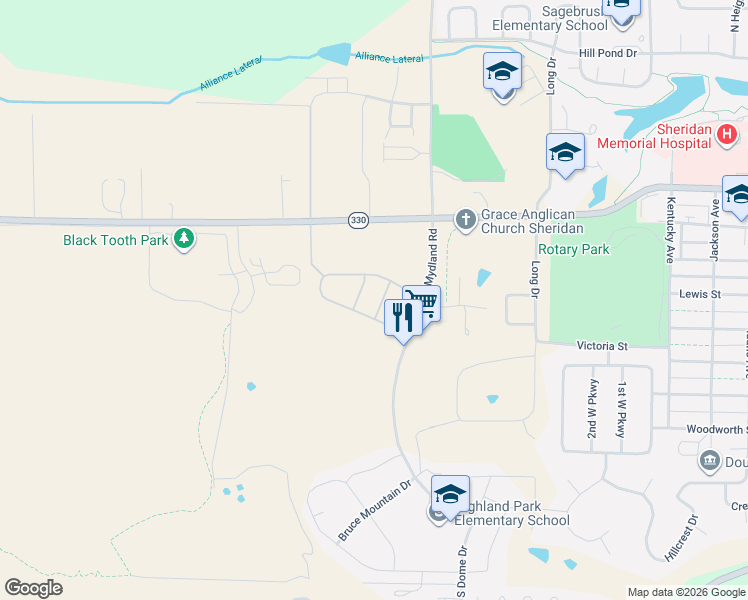 map of restaurants, bars, coffee shops, grocery stores, and more near 1905 Fairway Court in Sheridan