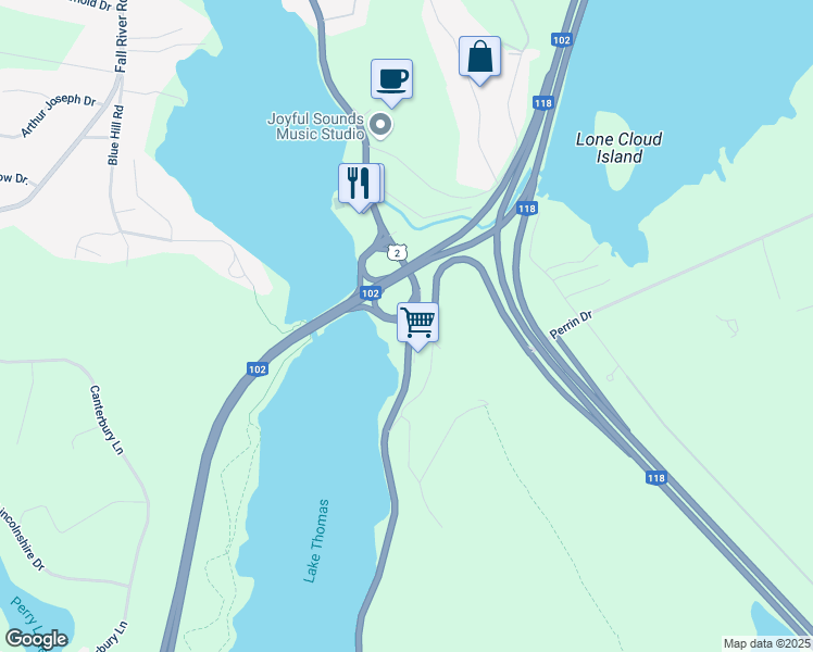 map of restaurants, bars, coffee shops, grocery stores, and more near Fall River Roundabout in Fall River