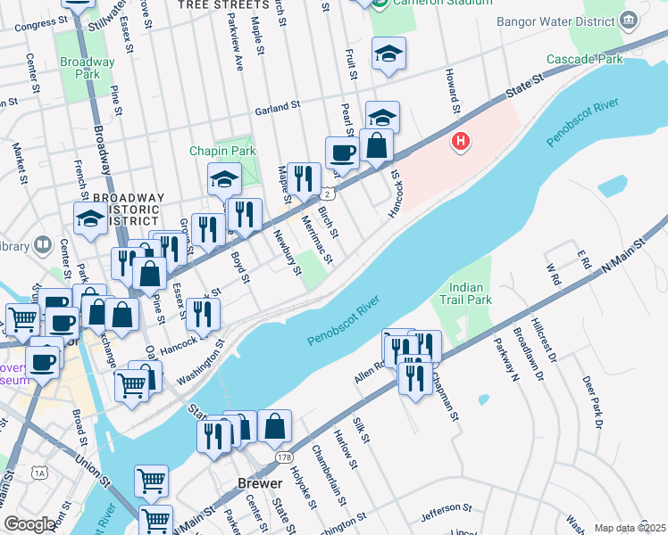 map of restaurants, bars, coffee shops, grocery stores, and more near 345 Hancock Street in Bangor