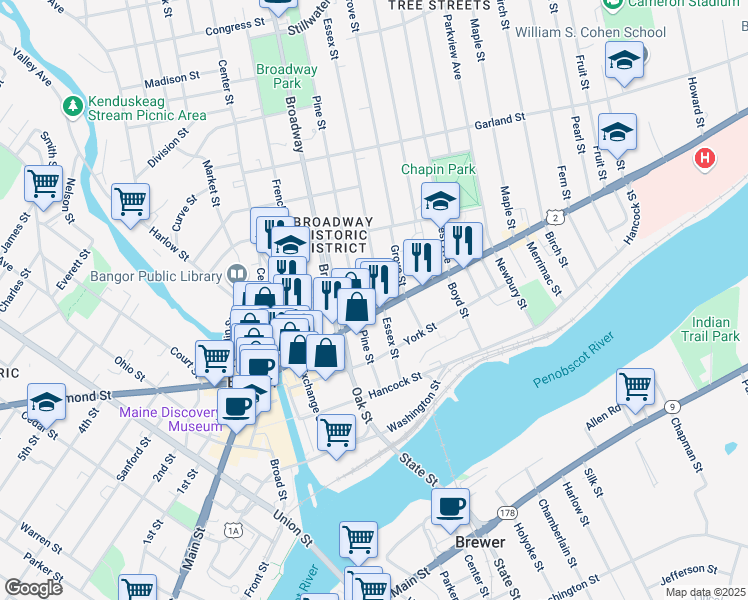 map of restaurants, bars, coffee shops, grocery stores, and more near 113 State Street in Bangor