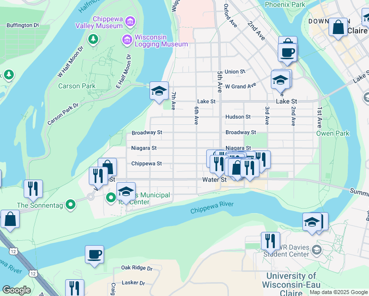 map of restaurants, bars, coffee shops, grocery stores, and more near 640 Chippewa Street in Eau Claire