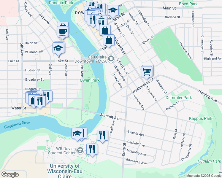 map of restaurants, bars, coffee shops, grocery stores, and more near 104 Wilcox Street in Eau Claire