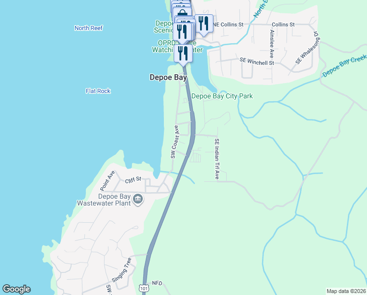 map of restaurants, bars, coffee shops, grocery stores, and more near 730 Southwest Coast Avenue in Depoe Bay