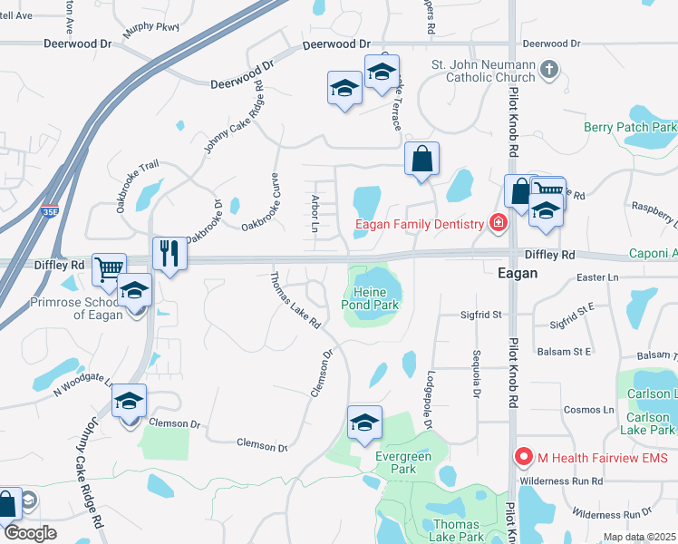 map of restaurants, bars, coffee shops, grocery stores, and more near 4205 Heine Court in Eagan