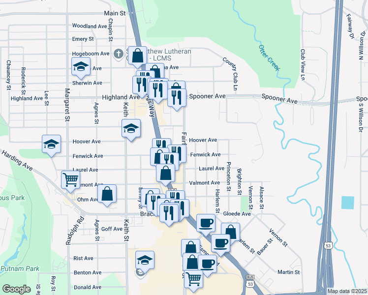 map of restaurants, bars, coffee shops, grocery stores, and more near 1316 Fairfax Street in Eau Claire