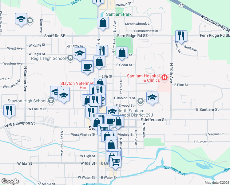 map of restaurants, bars, coffee shops, grocery stores, and more near 350 East Robidoux Street in Stayton
