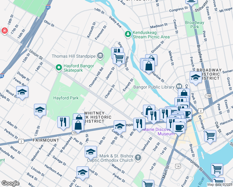 map of restaurants, bars, coffee shops, grocery stores, and more near 27 George Street in Bangor