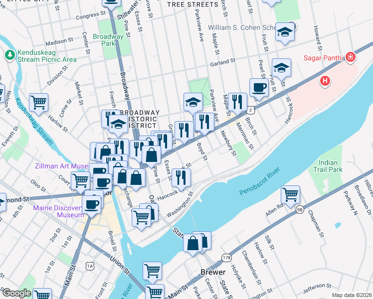 map of restaurants, bars, coffee shops, grocery stores, and more near 21 Boyd Street in Bangor