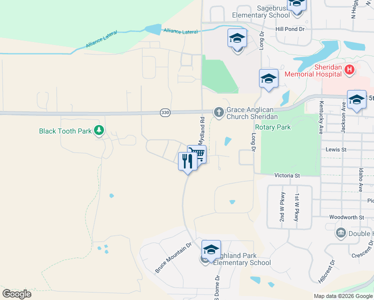 map of restaurants, bars, coffee shops, grocery stores, and more near 106 Mydland Road in Sheridan