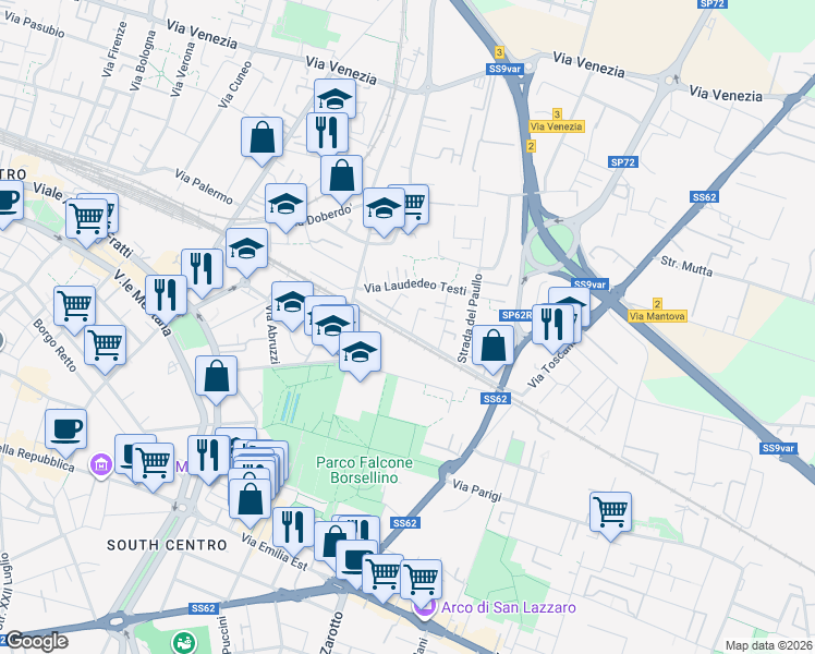 map of restaurants, bars, coffee shops, grocery stores, and more near 32 Via Toscana in Parma