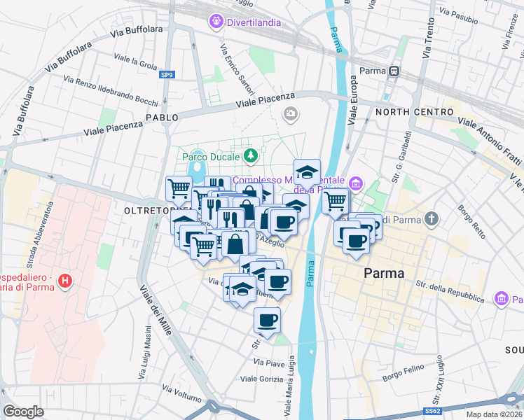 map of restaurants, bars, coffee shops, grocery stores, and more near 3 Vicolo Grossardi in Parma