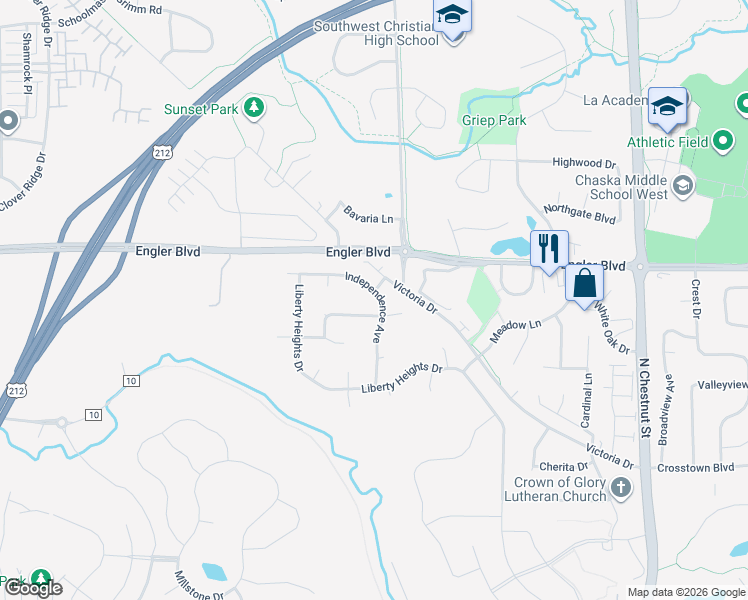 map of restaurants, bars, coffee shops, grocery stores, and more near 1526 Independence Avenue in Chaska