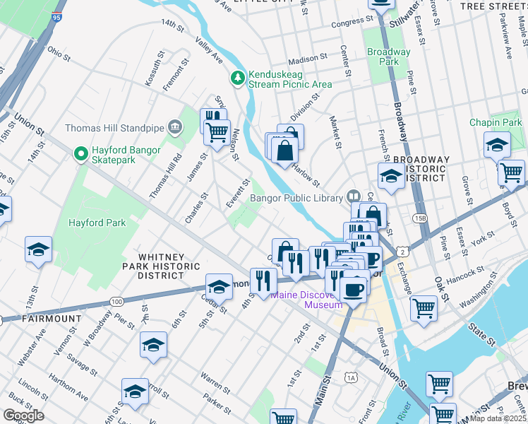 map of restaurants, bars, coffee shops, grocery stores, and more near 123 Court Street in Bangor