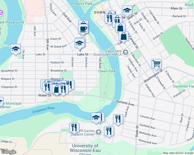 map of restaurants, bars, coffee shops, grocery stores, and more near 111 Niagara Street in Eau Claire