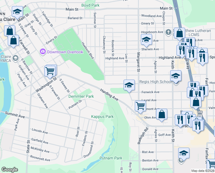 map of restaurants, bars, coffee shops, grocery stores, and more near 1303 Hoover Avenue in Eau Claire