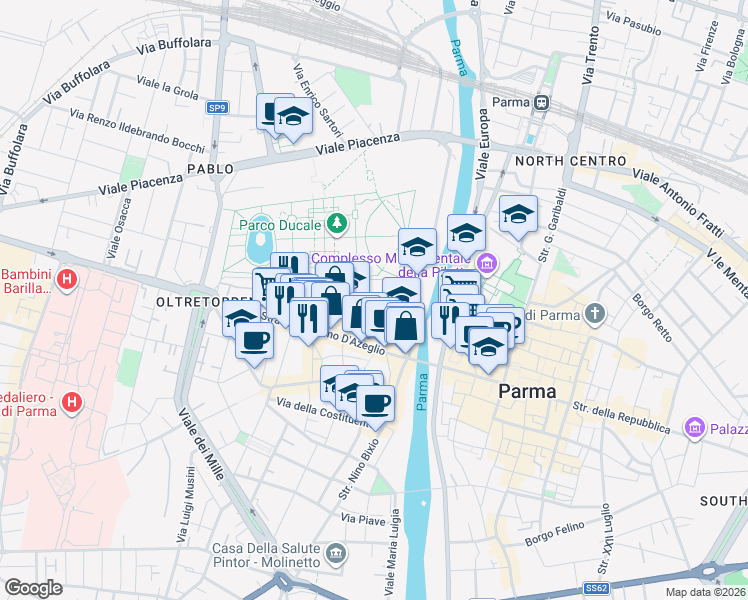 map of restaurants, bars, coffee shops, grocery stores, and more near 50 Piazzale Guiseppe Serventi in Parma