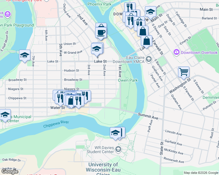 map of restaurants, bars, coffee shops, grocery stores, and more near 136 Niagara Street in Eau Claire