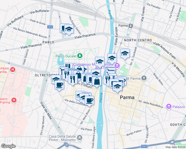map of restaurants, bars, coffee shops, grocery stores, and more near 50 Piazzale Guiseppe Serventi in Parma
