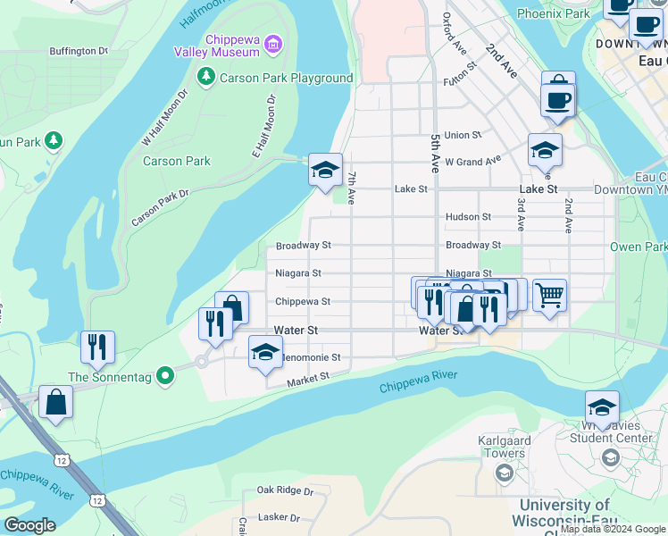 map of restaurants, bars, coffee shops, grocery stores, and more near 716 Niagara Street in Eau Claire