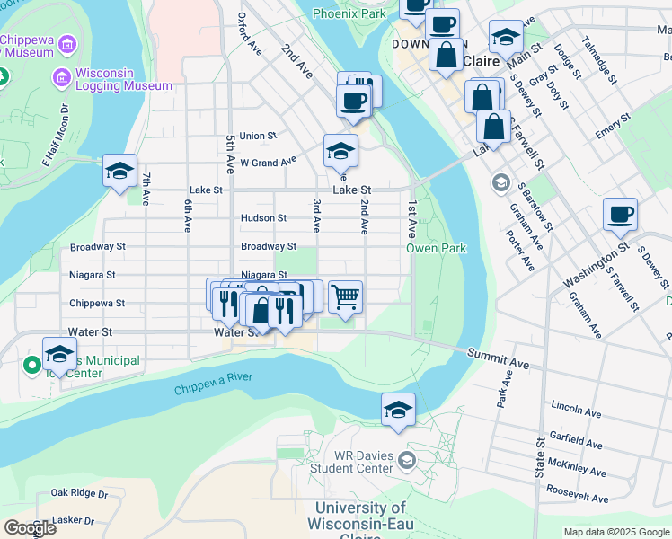 map of restaurants, bars, coffee shops, grocery stores, and more near 230 Niagara Street in Eau Claire