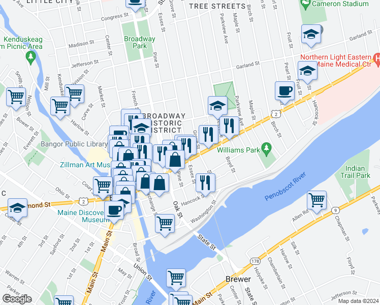 map of restaurants, bars, coffee shops, grocery stores, and more near 103 Essex Street in Bangor