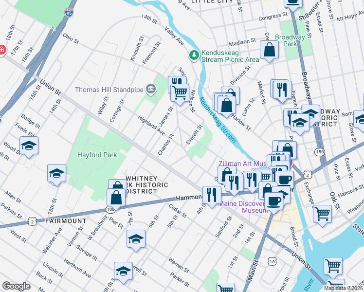 map of restaurants, bars, coffee shops, grocery stores, and more near 167 Court Street in Bangor