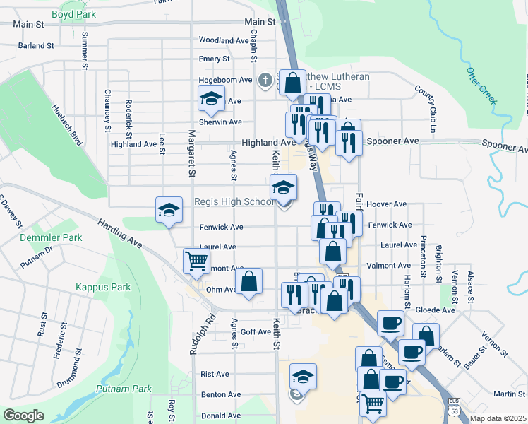 map of restaurants, bars, coffee shops, grocery stores, and more near 1902 Hoover Avenue in Eau Claire