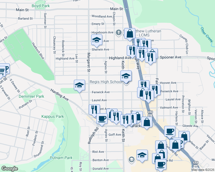 map of restaurants, bars, coffee shops, grocery stores, and more near 1804 Hoover Avenue in Eau Claire