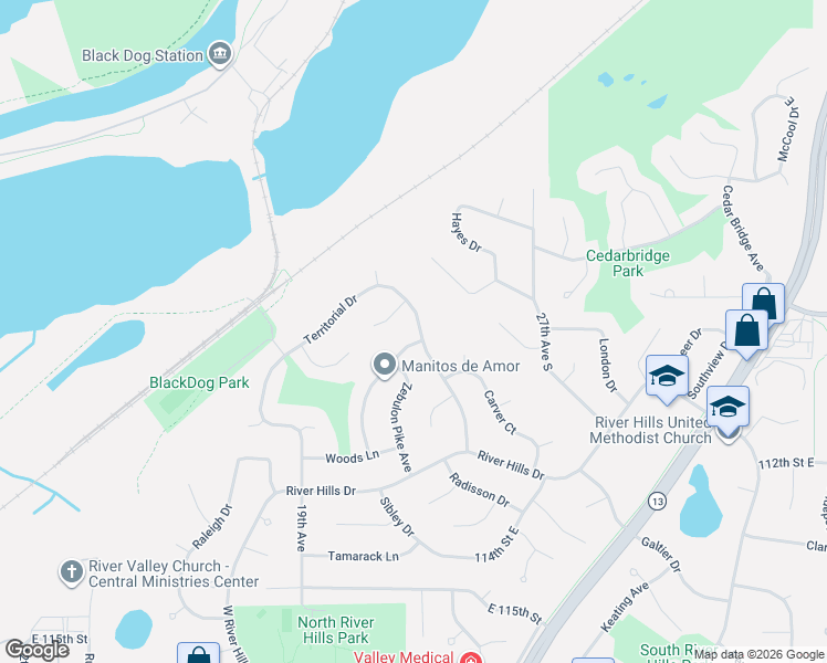 map of restaurants, bars, coffee shops, grocery stores, and more near 10917 Radisson Drive in Burnsville