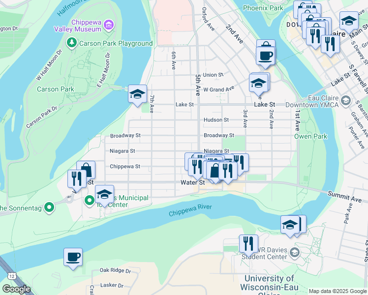 map of restaurants, bars, coffee shops, grocery stores, and more near 515 Broadway Street in Eau Claire