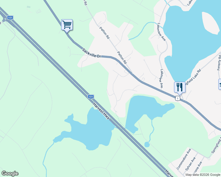 map of restaurants, bars, coffee shops, grocery stores, and more near 29 Mandaville Drive in Upper Sackville