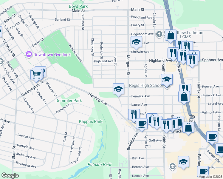 map of restaurants, bars, coffee shops, grocery stores, and more near 1433 Hoover Avenue in Eau Claire