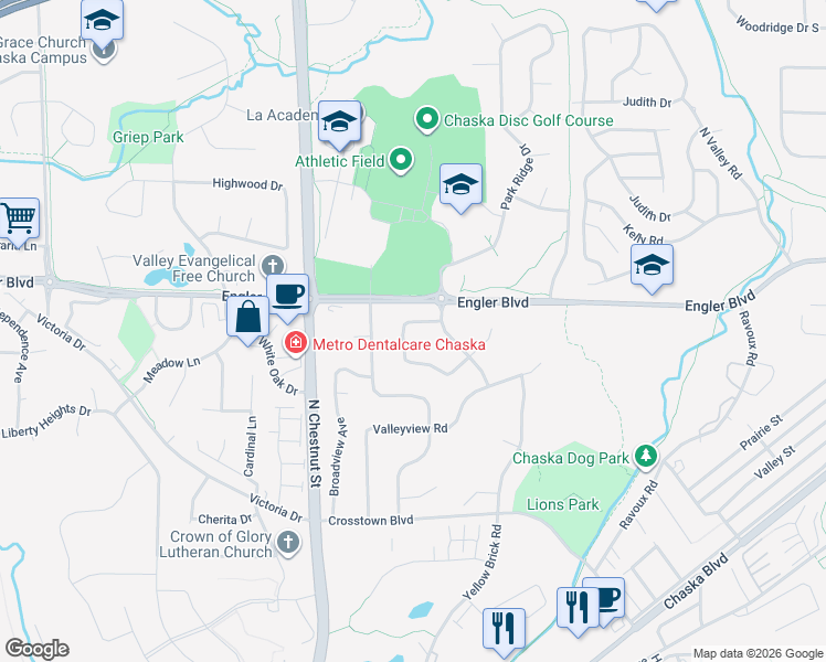 map of restaurants, bars, coffee shops, grocery stores, and more near 1552 Sunshine Circle in Chaska