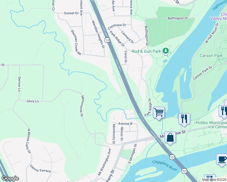 map of restaurants, bars, coffee shops, grocery stores, and more near 630 Lamplighter Court in Eau Claire