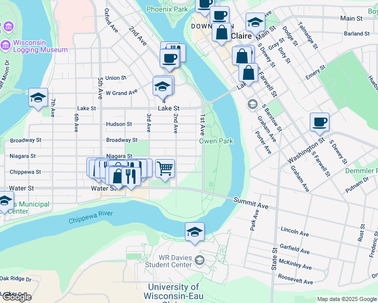 map of restaurants, bars, coffee shops, grocery stores, and more near 140 Broadway Street in Eau Claire