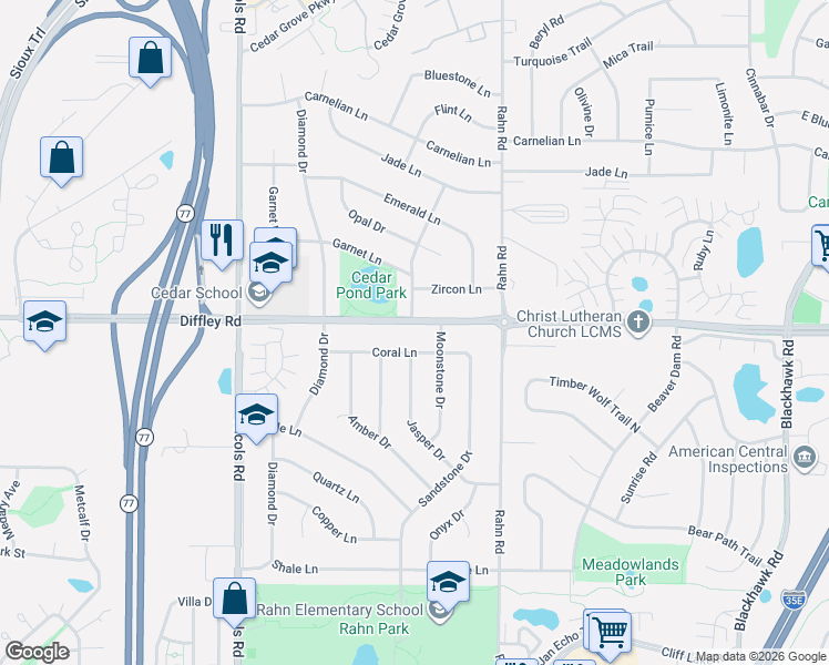 map of restaurants, bars, coffee shops, grocery stores, and more near 4195 Topaz Drive in Eagan
