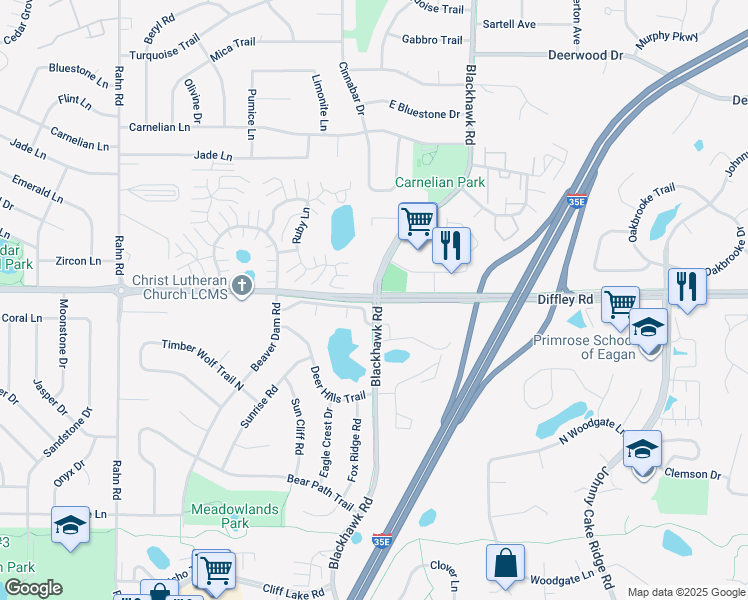map of restaurants, bars, coffee shops, grocery stores, and more near Diffley Rd & Blackhawk Rd in Eagan