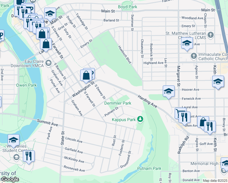 map of restaurants, bars, coffee shops, grocery stores, and more near 520 Jefferson Street in Eau Claire