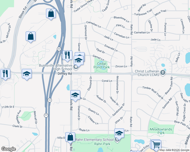 map of restaurants, bars, coffee shops, grocery stores, and more near 4196 Diamond Drive in Eagan