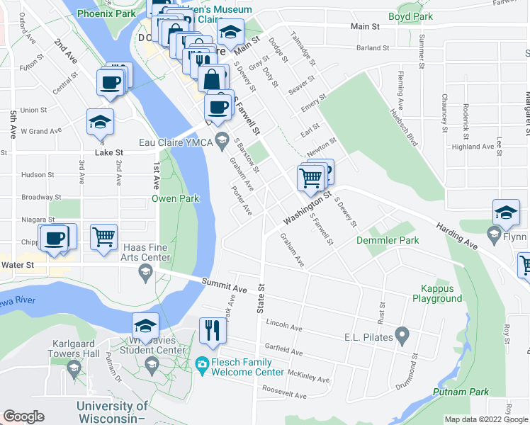 map of restaurants, bars, coffee shops, grocery stores, and more near 1105 State St in Eau Claire