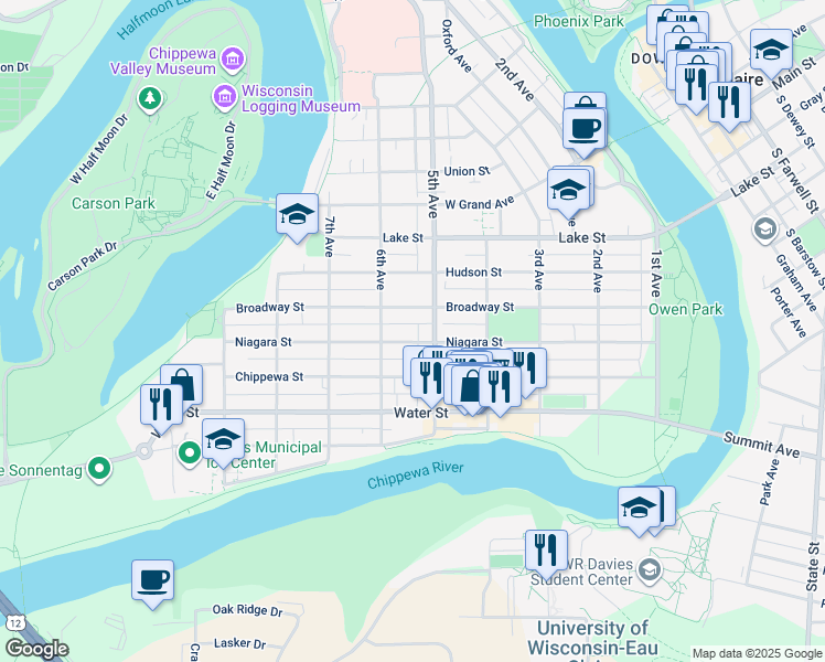 map of restaurants, bars, coffee shops, grocery stores, and more near 515 Broadway Street in Eau Claire