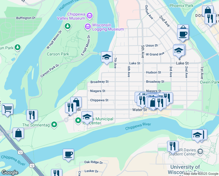 map of restaurants, bars, coffee shops, grocery stores, and more near 720 Broadway Street in Eau Claire