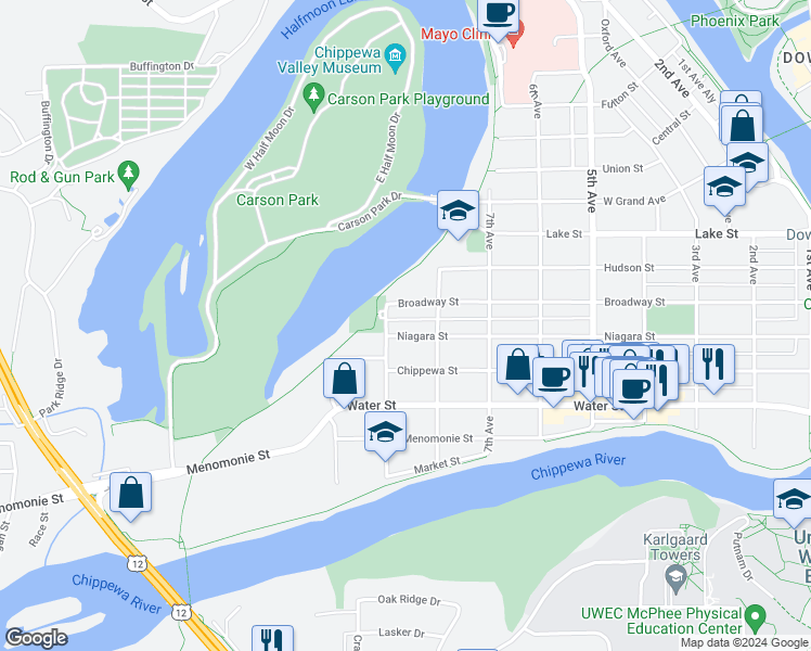 map of restaurants, bars, coffee shops, grocery stores, and more near 809 Broadway Street in Eau Claire