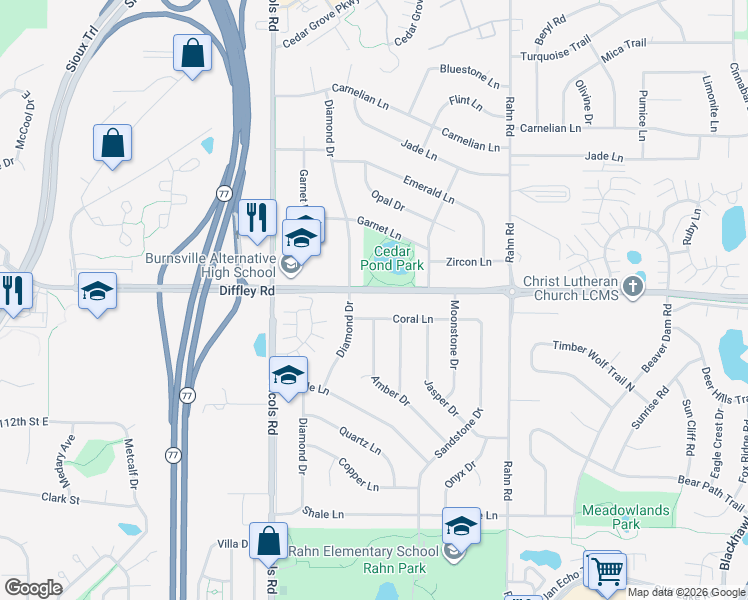 map of restaurants, bars, coffee shops, grocery stores, and more near 2070 Garnet Lane in Eagan