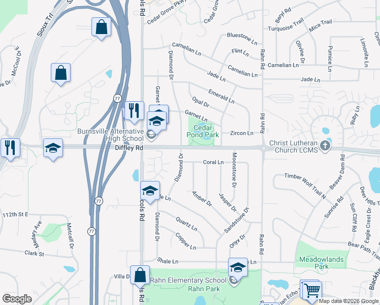 map of restaurants, bars, coffee shops, grocery stores, and more near 4196 Diamond Drive in Eagan