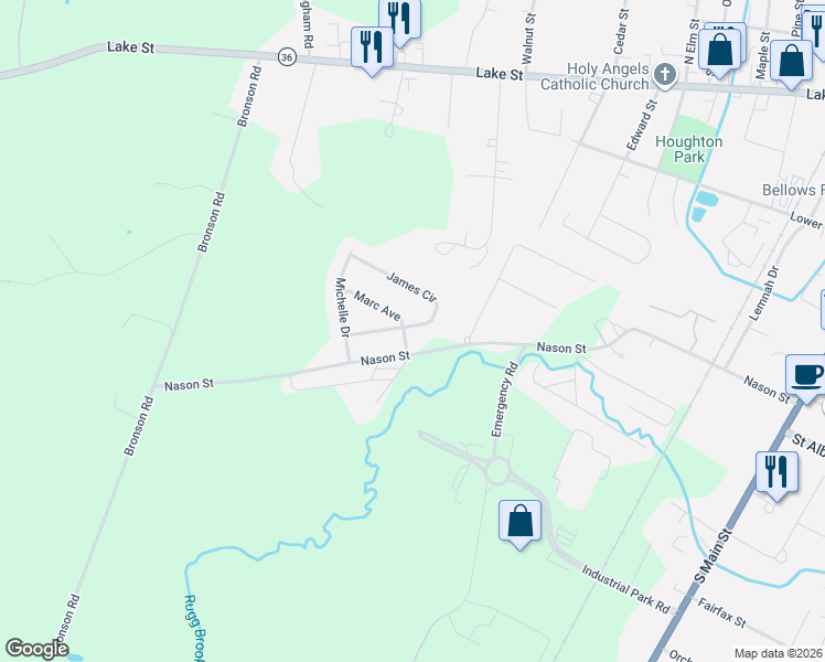 map of restaurants, bars, coffee shops, grocery stores, and more near 23 James Circle in Saint Albans City